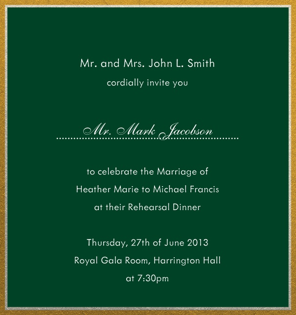 Online invitation with silver and gold frame in different paper colors. Green.