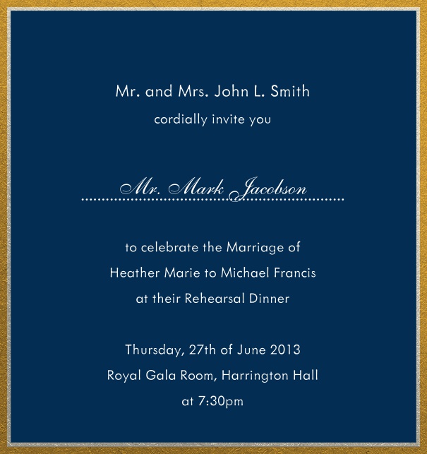 Online invitation with silver and gold frame in different paper colors. Navy.