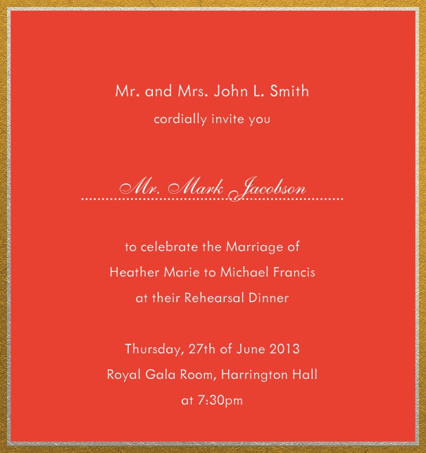 Online invitation with silver and gold frame in different paper colors. Red.