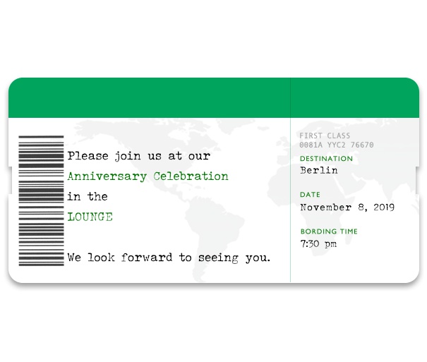 Online invitation card designed as a plane boarding pass.