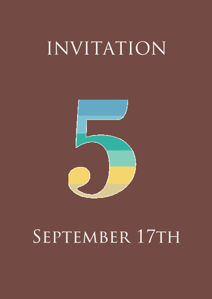 5th anniversary online invitation card with large 5 in fun colorful animated stripes Gold.