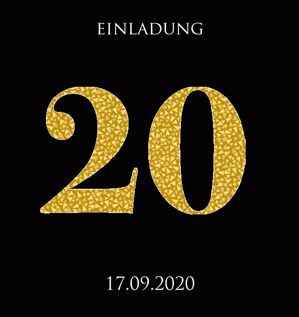 Animierte Online Einladungskarte zum 20. Jubiläum mit animierten goldenen Mosaiksteinen. Schwarz.