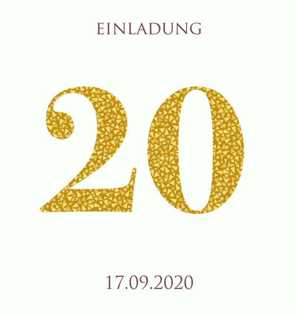 Animierte Online Einladungskarte zum 20. Jubiläum mit animierten goldenen Mosaiksteinen. Weiss.
