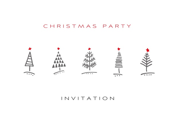 Online White Holiday Party invitation card with 5 Christmas trees with red stars.
