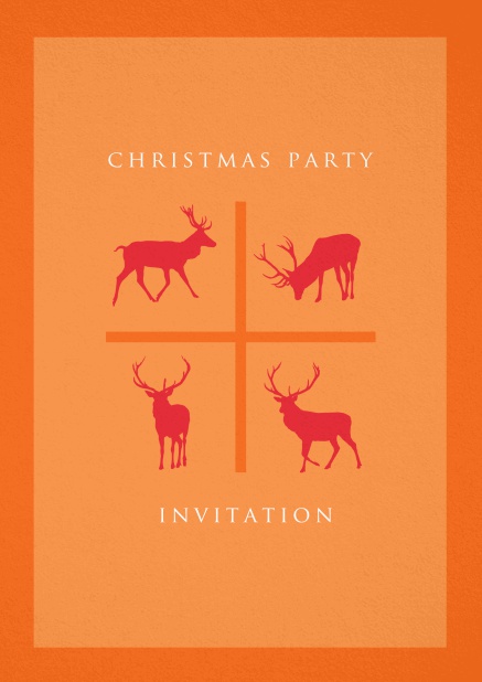 Orange Holiday Party invitation card with four red reindeers.