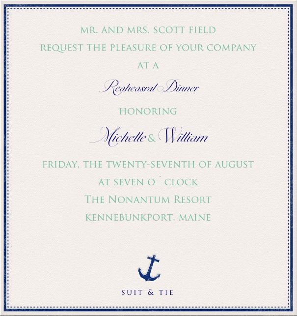 Weiße Hochzeitseinladungskarte mit blauem Rand und blauem Anker.