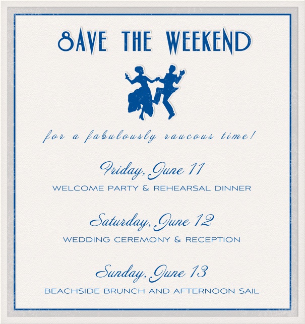 Blue Save the Date Card for parties with dancing image.