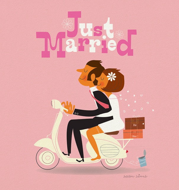 Rosafarbene Hochzeitsseinladungskarte mit Text "just married" und Pärchen auf einem Moped.