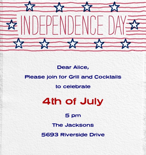 4. Juli Einladungskarte mit Independence Day Schriftzug und Sterchen in den Farben Rot, Weiß, Blau.
