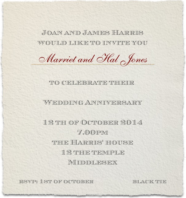 Online Hochzeitseinladungskarte auf Büttenpapier und mit persönlicher Anrede des Gastes.