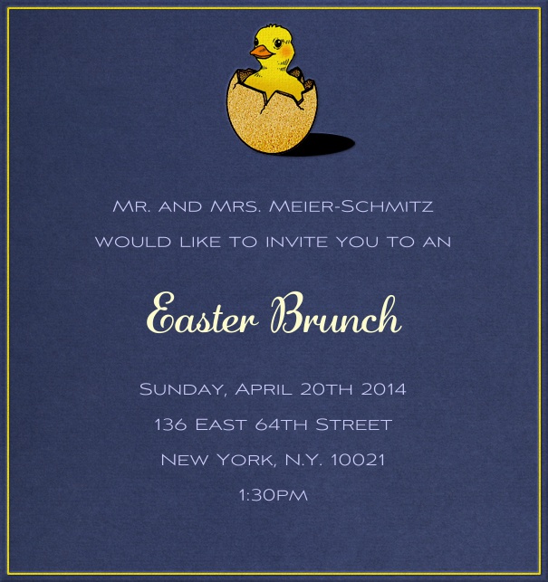 Blue Easter Invitation card in high format with Yellow duckling.