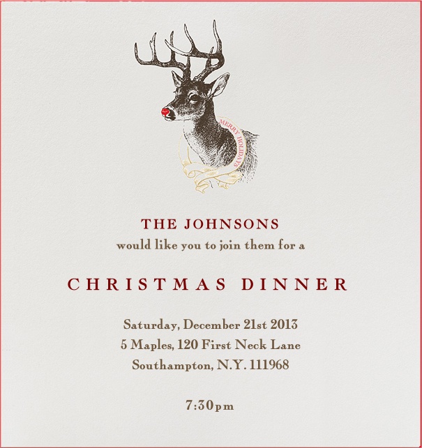 Online Weihnachtseinladungskarte mit dem Renntier Rudolf mit der roten Nase und rosafarbenen Rahmen.