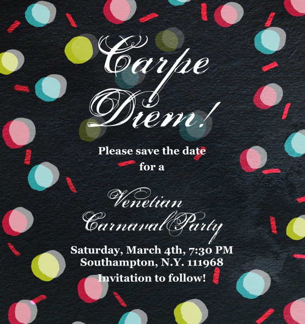 Black high format Celebration Invitation Save the Date with Confetti and Customizable Design.