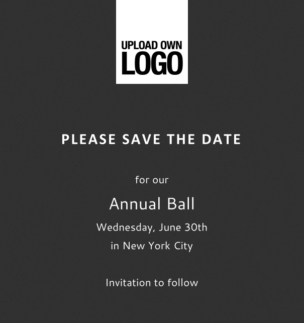 Rectangular online Save the Date template for corporate events and annual ball with grey background, space to upload own logo on top left and event details box.