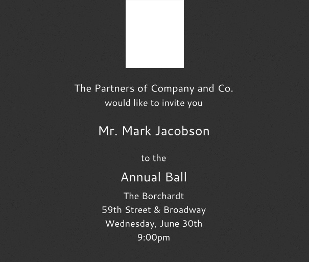 Schwarze Firmeneinladungskarte mit eigenem Logo auf weißem Hintergrund.