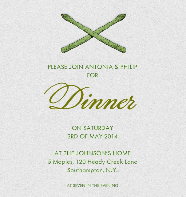 Green online invitation for dinner or picknic with asparagus on the top and customizable text box.