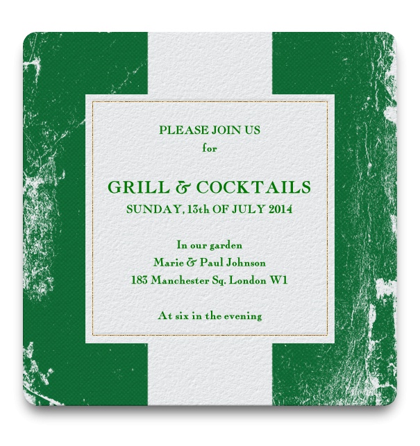 Einladungskarte zum Grillen und Cocktails mit niegerianischer Flagge als Hintergrund und weißem Textfeld.