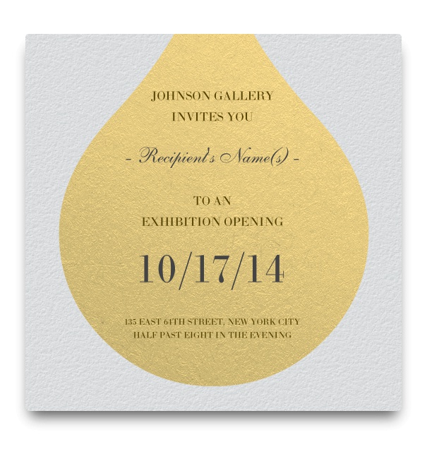 White formal invitation with Name of Recipient and yellow gold droplet shaped text box.