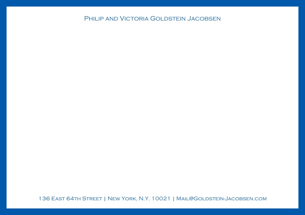 White online correspondence card with green frame and name with address. Blue.
