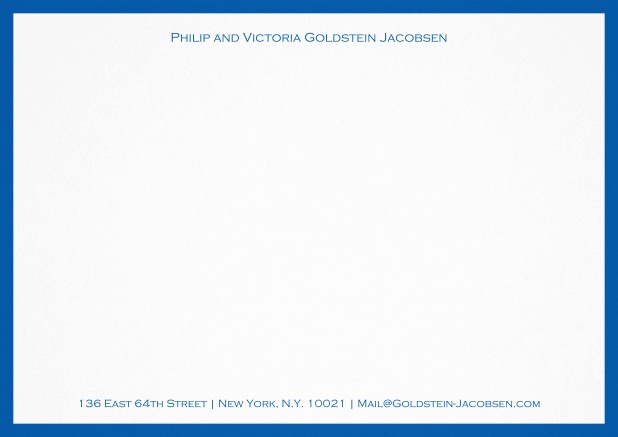 White correspondence card with green frame and name with address. Blue.