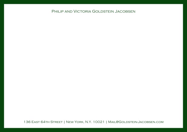 White online correspondence card with green frame and name with address. Green.