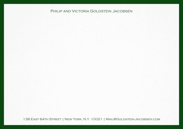 White correspondence card with green frame and name with address. Green.
