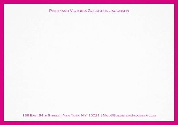 White correspondence card with green frame and name with address. Pink.