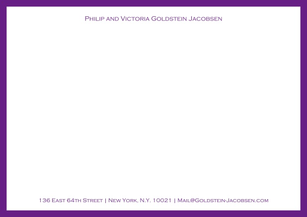 White online correspondence card with green frame and name with address. Purple.