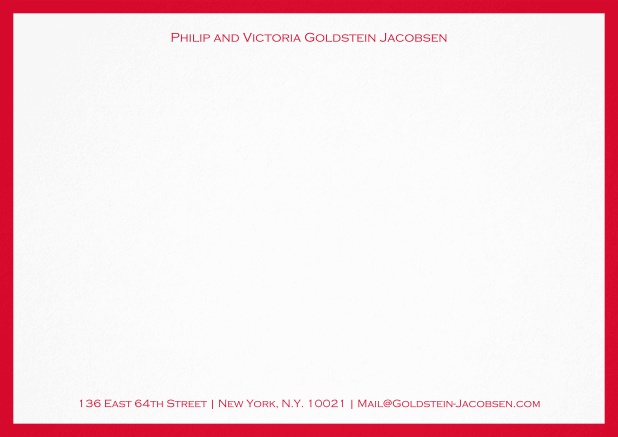 White correspondence card with green frame and name with address. Red.