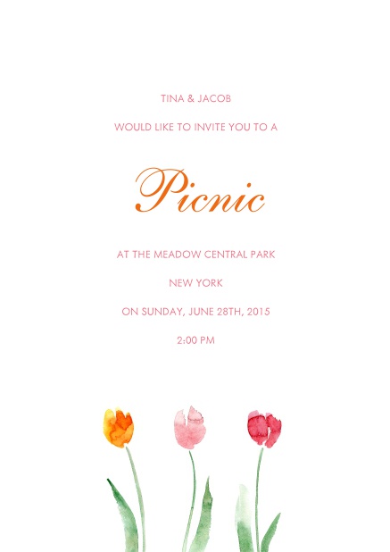 Online Einladungskarte mit orangener, pinker und roter Blume.