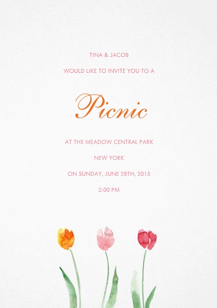 Einladungskarte mit orangener, pinker und roter Blume.