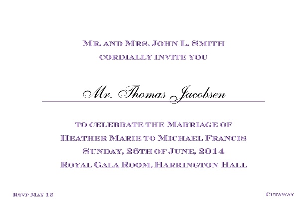 Online Classic invitation card with editable text in different colors. Purple.