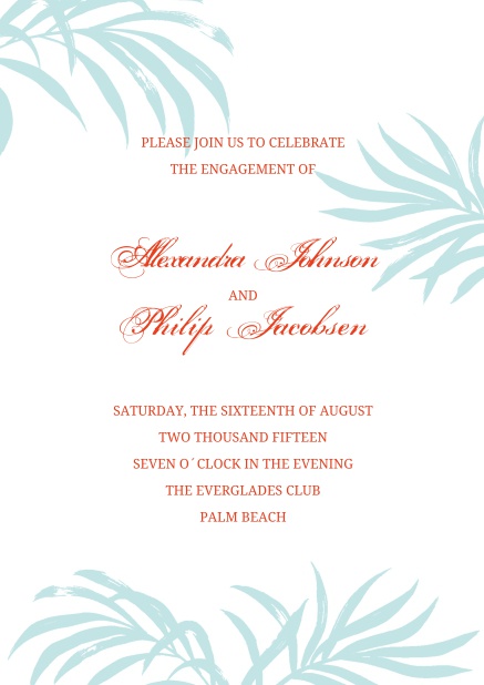 Online Wedding invitation card with several palm branches and editable text.