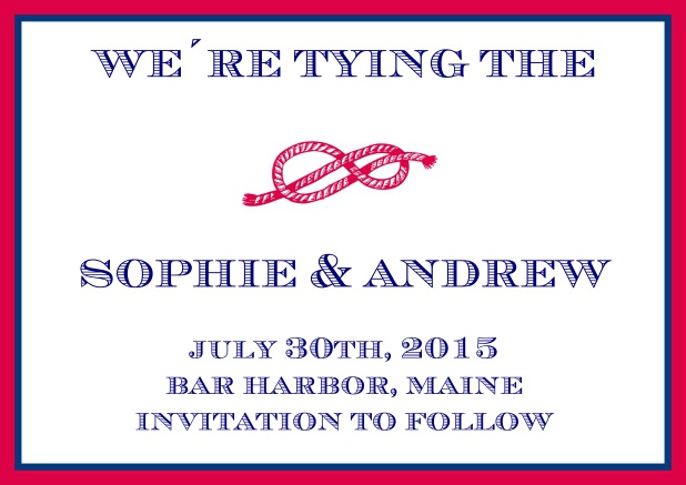 Online Wedding Save the date card with red rope in a knot, blue-red frame and text field.