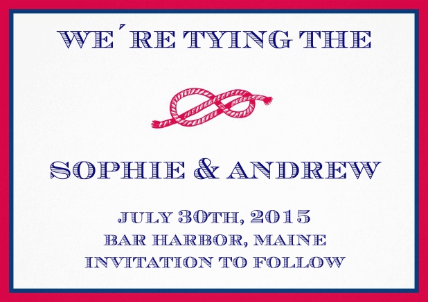 Wedding Save the date card with red rope in a knot, blue-red frame and text field.