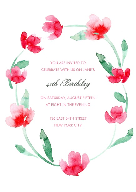Online invitation with red flower wreath for 40th birthday.