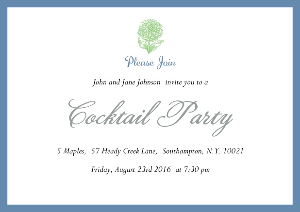 Online Cocktail Einladungskarte mit Blume und farbigem Rahmen. Blau.
