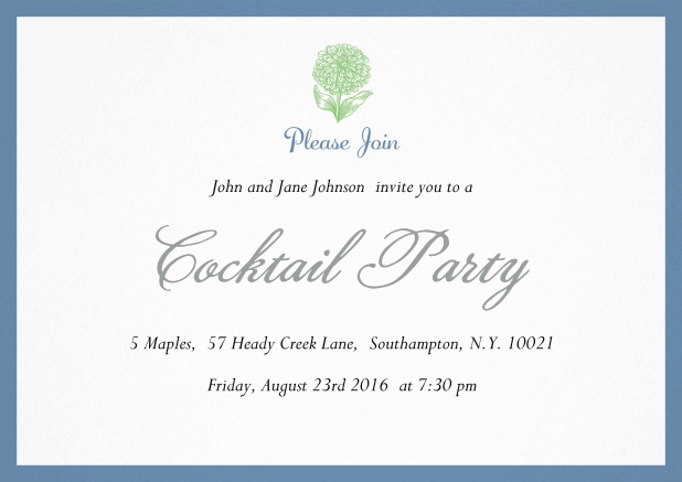 Cocktail Einladungskarte mit Blume und farbigem Rahmen. Blau.