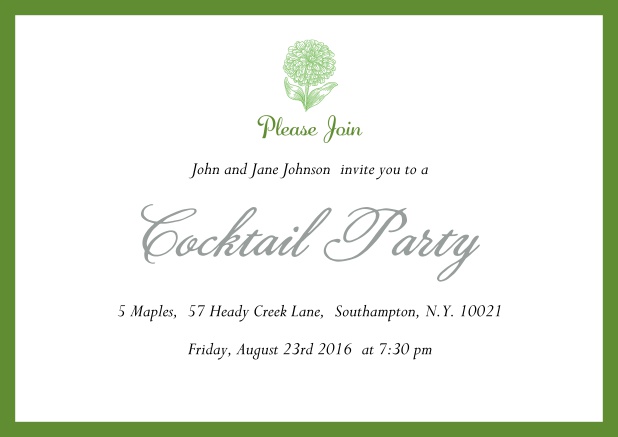 Online Cocktail party invitation card with flower and colorful frame. Green.