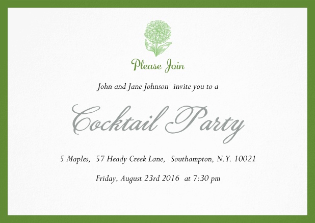 Cocktail party invitation card with flower and colorful frame. Green.