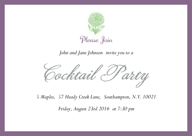 Online Cocktail party invitation card with flower and colorful frame. Purple.
