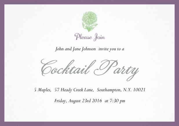 Cocktail party invitation card with flower and colorful frame. Purple.