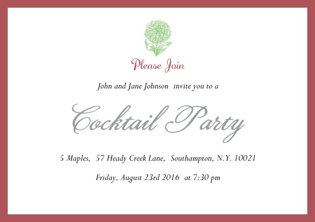 Online Cocktail Einladungskarte mit Blume und farbigem Rahmen. Rot.