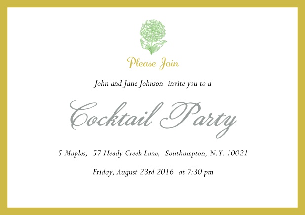 Online Cocktail party invitation card with flower and colorful frame. Yellow.