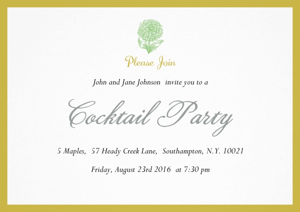 Cocktail party invitation card with flower and colorful frame. Yellow.