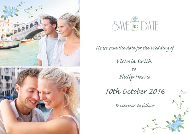 Online Save the date card with two photos and delicate  flower decoration.