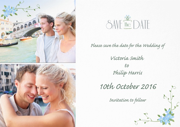 Wedding save the date card with photo and delicate flowers