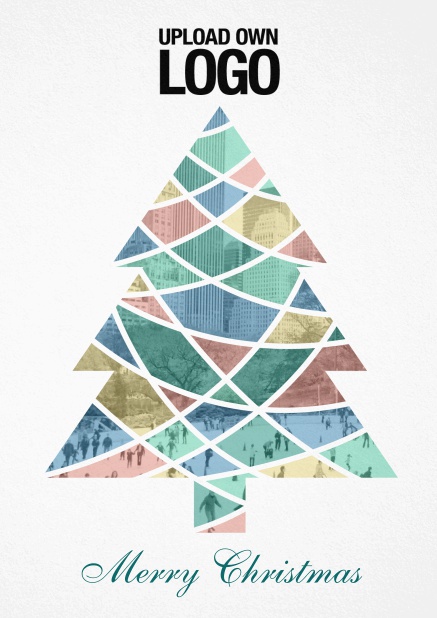 Corporate Christmas photo card with colorful Christmas tree, text and logo option.