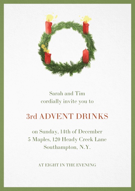 Advent invitation card with three burning candles. Green.