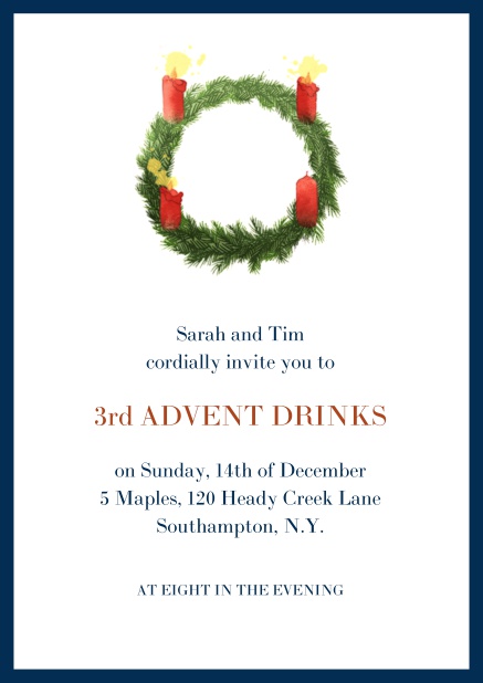 Online Advent invitation card with three burning candles. Navy.